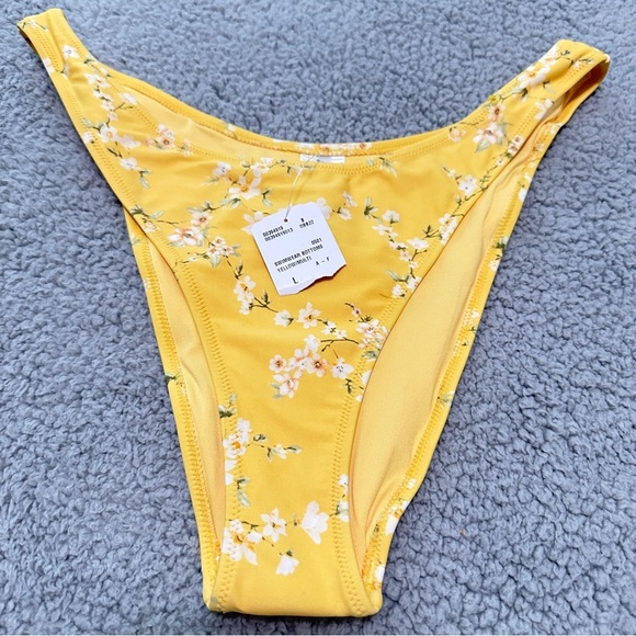 Forever 21 Yellow Floral Bikini Bottom Size L High Cut NWT Swimwear - Picture 1 of 3